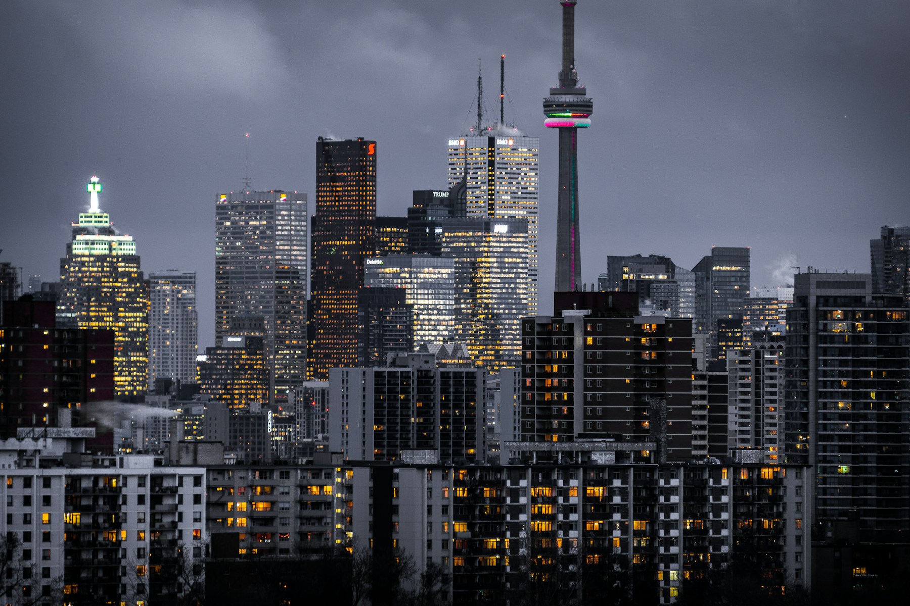 Downtown skyline of luxury residential towers at dusk