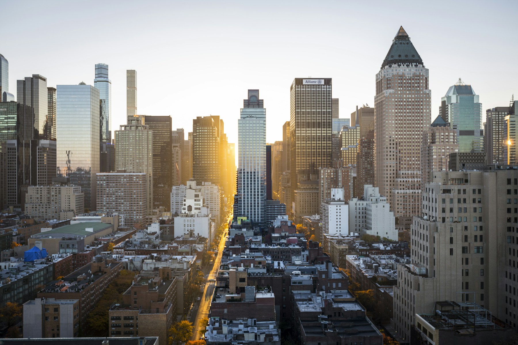 Manhattan skyline of premium high-rise residential buildings at sunset